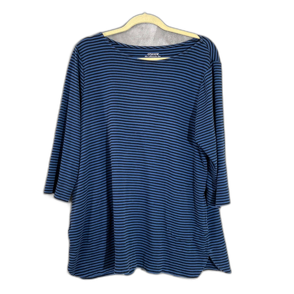 Chico's Women's the ultimate tee shirt Top Size XL Striped blue black w pockets